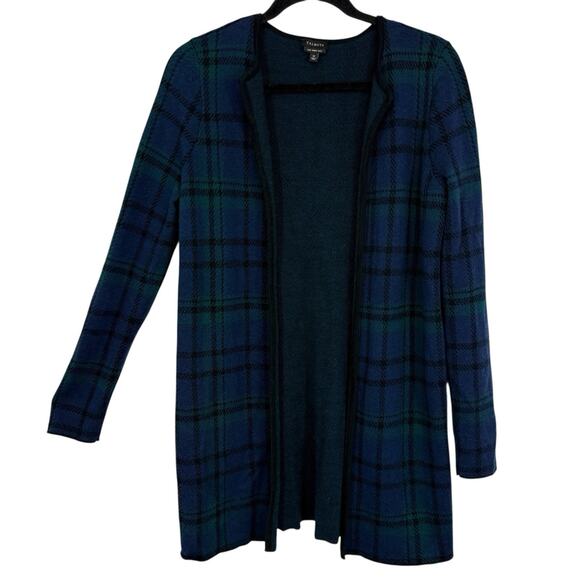 Talbots Merino Long Open Cardigan Tartan Plaid Blue Green size Medium 34" Long - Picture 1 of 9